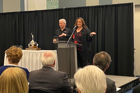 Don Reid, left, and Nancy Beth Guptill, accept the Diversity, Equity and Inclusion award on behalf of the Lest We Forget Veterans Committee. Kristin Gardiner/SaltWire