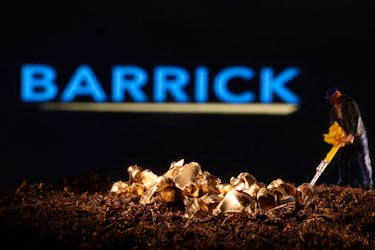 A small toy figure and gold imitation are seen in front of the Barrick logo in this illustration taken November 19, 2021./File Photo