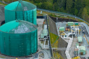 A drone view of holding tanks at Westridge Marine Terminal, the terminus of the Canadian government-owned Trans Mountain pipeline expansion project in Burnaby, British Columbia, Canada April 26, 2024.