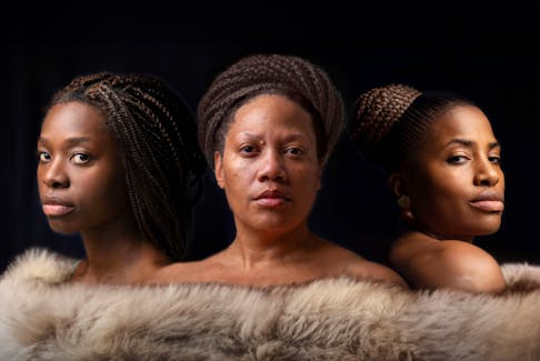 Neema Bickersteeth, left, Adrienne Danrich, and SATE (Saidah Baba Talibah) play the role of Portia's body, spirit and soul respectively in Aportia Chryptych: A Black Opera for Portia White. HAUI