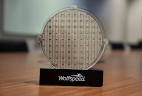 U.S. power chip maker Wolfspeed’s silicon carbide 200mm wafer is seen on display at Wolfspeed’s Mohawk Valley Fab in Marcy, New York, U.S., April 2022.