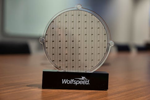 U.S. power chip maker Wolfspeed’s silicon carbide 200mm wafer is seen on display at Wolfspeed’s Mohawk Valley Fab in Marcy, New York, U.S., April 2022.