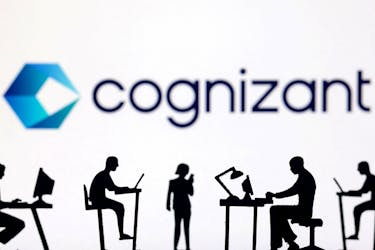 Figurines with computers and smartphones are seen in front of Cognizant logo in this illustration taken, February 19, 2024.