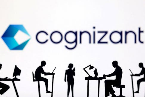 Figurines with computers and smartphones are seen in front of Cognizant logo in this illustration taken, February 19, 2024.