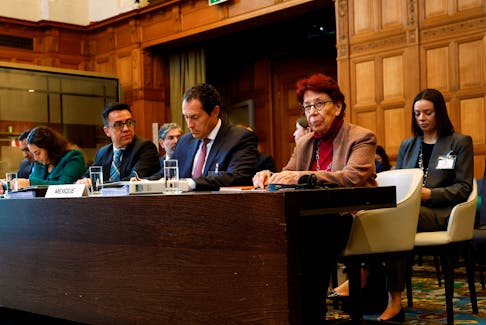 Lawyer Alejandro Celorio Alcantara and Ambassador of Mexico to the Netherlands Carmen Moreno Toscano attend a public hearing where Ecuador asks the International Court of Justice (ICJ) to reject Mexico's request to issue emergency measures against Quito over their armed raid on the Mexican embassy, in The Hague, Netherlands, May 1 2024.