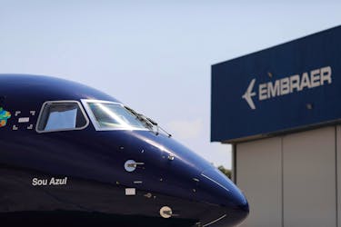 E2-195 plane with Brazil's No. 3 airline Azul SA logo is seen during a launch event in Sao Jose dos Campos, Brazil September 12, 2019.