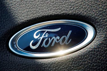 The Ford name plate is seen on the interior of a Ford F-150 Lightning pickup truck during a press event in New York City, U.S., May 26, 2021. 
