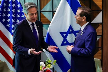 U.S. Secretary of State Antony Blinken meets with Israeli President Isaac Herzog in Tel Aviv, Israel, May 1, 2024.