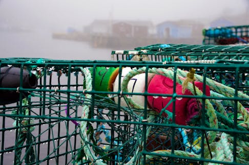 Wet wharf  
   Lobster pots sit on the wharf in the fog-shrouded town of Petty Harbour Monday April 29. Keith Gosse • The Telegram