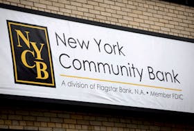 A sign is pictured above a branch of the New York Community Bank in Yonkers, New York, U.S., January 31, 2024.