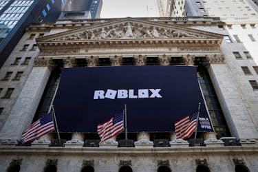 The Roblox logo is displayed on a banner, to celebrate the company's IPO, on the front facade of the New York Stock Exchange (NYSE) in New York, U.S., March 10, 2021.