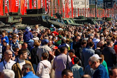 People visit an exhibition, which displays armoured vehicles and equipment captured by the Russian army from Ukrainian forces in the course of Russia-Ukraine conflict, at Victory Park open-air museum on Poklonnaya Gora in Moscow, Russia, May 1, 2024.
