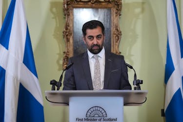 Scotland's First Minister Humza Yousaf speaks during a press conference at Bute House, his official residence where he said he will resign as SNP leader and Scotland's First Minister, avoiding having to face a no-confidence vote in his leadership, in Edinburgh, Britain, April 29, 2024. Andrew Milligan/Pool via