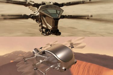 Top: An ornithopter as seen in the movie Dune. Bottom: An artist's conception of NASA's Dragonfly probe.
