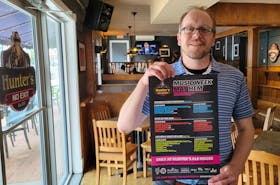 Jamie Juniper, Hunter’s Ale House general manager, holds a poster for music at the bar during ECMA awards week. Hunter’s and three other bars will stay open until 4 a.m. on May 2-4. - Logan MacLean