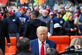 Republican presidential candidate and former U.S. President Donald Trump speaks to the media as he meets with Union workers in New York City, U.S., April 25, 2024. 