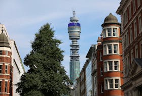 A view of BT Group logo displayed on BT tower, in London, Britain, July 21, 2023.