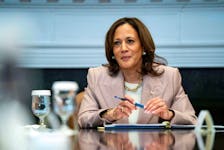 U.S. Vice President Kamala Harris looks on during a roundtable on criminal justice in the Roosevelt Room at the White House in Washington, U.S. April 25, 2024.