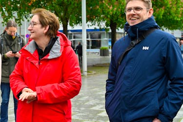 German Housing Minister Klara Geywitz and member of the European Parliament Matthias Ecke walk in Dresden, Germany, April 20, 2024.