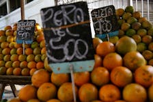 Oranges are displayed for sale at a street market in Rio de Janeiro, Brazil February 15, 2018.
