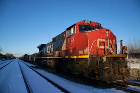 A Canadian National Railway (CN Rail) freight train remains halted while First Nations members of the Tyendinaga Mohawk Territory continue to block train tracks 2 km away as part of a protest against British Columbia's Coastal GasLink pipeline, in Tyendinaga, Ontario, Canada February 14, 2020.  