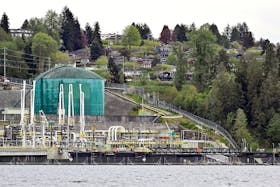 Westridge Marine Terminal, the terminus of the Canadian government-owned Trans Mountain pipeline expansion project is seen in Burnaby, from Cates park in North Vancouver, British Columbia, Canada May 1, 2024.