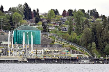 Westridge Marine Terminal, the terminus of the Canadian government-owned Trans Mountain pipeline expansion project is seen in Burnaby, from Cates park in North Vancouver, British Columbia, Canada May 1, 2024.