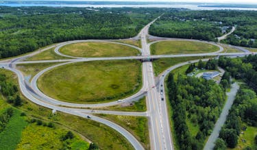 A 2022 aerial view of the Trans-Canada Highway 105-Highway 125 turnoffs. Both highways will remain under RCMP patrols, even though the province's Department of Justice says as of this past May 1, the Cape Breton Regional Police should be responsible for patrolling these roadways. CAPE BRETON POST FILE