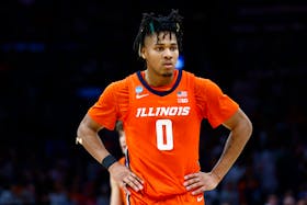 Mar 30, 2024; Boston, MA, USA; Illinois Fighting Illini guard Terrence Shannon Jr. (0) reacts against the Connecticut Huskies in the finals of the East Regional of the 2024 NCAA Tournament at TD Garden. Mandatory Credit: Winslow Townson-USA TODAY Sports/File Photo