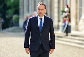 French Defence Minister Sebastien Lecornu  arrives for a meeting with his German counterpart Boris Pistorius at the Hotel de Brienne in Paris, France on April 26, 2024. THOMAS SAMSON/Pool via