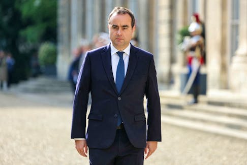 French Defence Minister Sebastien Lecornu  arrives for a meeting with his German counterpart Boris Pistorius at the Hotel de Brienne in Paris, France on April 26, 2024. THOMAS SAMSON/Pool via
