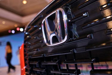 Honda's logo is seen on the front grill of the new SUV Elevate, during its world premiere, at an event in New Delhi, India, June 6, 2023.