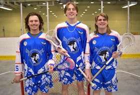 The Cape Breton Warriors will begin their inaugural East Coast Junior ‘B’ Lacrosse League season this weekend on the road in Thorburn. The Warriors will be one of three teams in the newly formed league this season. Members of the Warriors, from left, are Dylan Campbell, Cameron Lagacé and William Hussey. JEREMY FRASER/CAPE BRETON POST