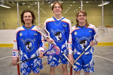 The Cape Breton Warriors will begin their inaugural East Coast Junior ‘B’ Lacrosse League season this weekend on the road in Thorburn. The Warriors will be one of three teams in the newly formed league this season. Members of the Warriors, from left, are Dylan Campbell, Cameron Lagacé and William Hussey. JEREMY FRASER/CAPE BRETON POST