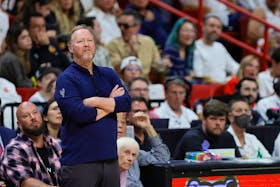 Apr 22, 2023; Miami, Florida, USA; Milwaukee Bucks head coach Mike Budenholzer looks on from the sideline in the third quarter against the Miami Heat during game three of the 2023 NBA Playoffs at Kaseya Center. Mandatory Credit: Sam Navarro-USA TODAY Sports