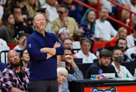 Apr 22, 2023; Miami, Florida, USA; Milwaukee Bucks head coach Mike Budenholzer looks on from the sideline in the third quarter against the Miami Heat during game three of the 2023 NBA Playoffs at Kaseya Center. Mandatory Credit: Sam Navarro-USA TODAY Sports