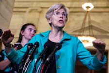 U.S. Senator Elizabeth Warren (D-MA) faces reporters during a break in a bipartisan Artificial Intelligence (AI) Insight Forum for all U.S. senators at the U.S. Capitol in Washington, U.S., September 13, 2023.