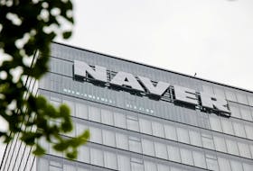 A general view of the Naver sign on its office building in Seongnam, South Korea, May 13, 2022.