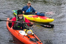 Alec d'Entremont (rear) and Eko Raharjo will be paddling the length of the Tusket River in two segments: fresh water and salt water. CONTRIBUTED