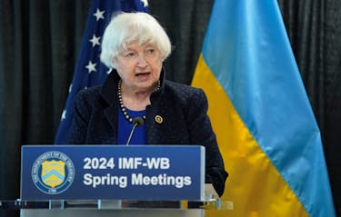 U.S. Treasury Secretary Janet Yellen speaks to reporters, alongside Ukrainian Prime Minister Denys Shmyhal, at the sidelines of IMF-World Bank Spring Meetings at the World Bank in Washington, U.S., April 17, 2024.