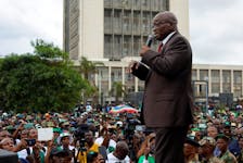 Former South African President Jacob Zuma speaks to supporters of the uMkhonto weSizwe Party outside the High Court in Durban, South Africa, March 27, 2024.