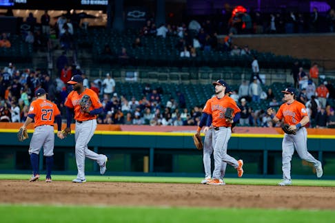 May 10, 2024; Detroit, Michigan, USA; Houston Astros celebrate after defeating the Detroit Tigers at Comerica Park. Mandatory Credit: Rick Osentoski-USA TODAY Sports