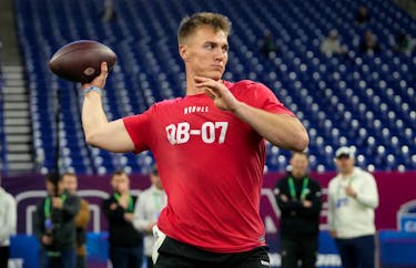 Mar 2, 2024; Indianapolis, IN, USA; Oregon quarterback Bo Nix (QB07) during the 2024 NFL Combine at Lucas Oil Stadium. Mandatory Credit: Kirby Lee-USA TODAY Sports/File Photo