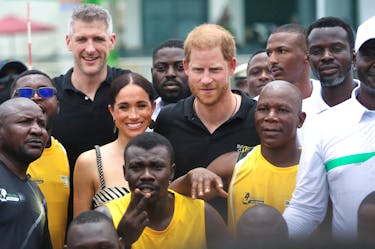 Britain's Prince Harry, Duke of Sussex and his wife Meghan, Duchess of Sussex pose on the day they attend a volleyball match played with wounded army veterans, at the Nigerian army officers' mess in Abuja, Nigeria May 11, 2024.