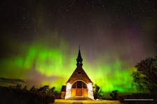 George Wade captured this beautiful shot of the Memorial Church in Grand Pré basking in the glow of the northern lights on Friday night.