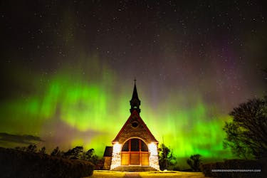 George Wade captured this beautiful shot of the Memorial Church in Grand Pré basking in the glow of the northern lights on Friday night.