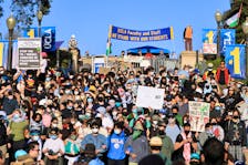 People gather at the University of California, Los Angeles (UCLA), as the conflict between Israel and the Palestinian Islamist group Hamas continues, in Los Angeles, California, U.S., May 1, 2024.