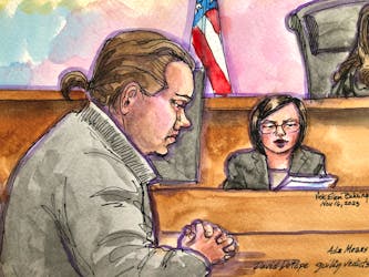 Courtroom deputy Ada Means reads the guilty verdict to convict David Wayne DePape of a hammer attack on Paul Pelosi, the husband of former U.S. House Speaker Nancy Pelosi, in a federal court in San Francisco, California, U.S., November 16, 2023, in this courtroom sketch. 