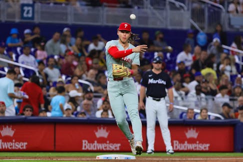 May 10, 2024; Miami, Florida, USA; Philadelphia Phillies third baseman Alec Bohm (28) throws to first base to retire Miami Marlins shortstop Tim Anderson (not pictured) during the second inning at loanDepot Park. Mandatory Credit: Sam Navarro-USA TODAY Sports