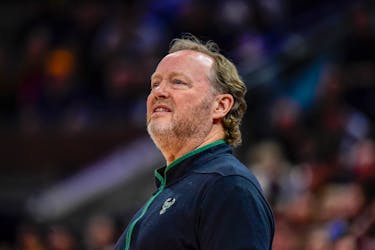 Mar 24, 2023; Salt Lake City, Utah, USA; Milwaukee Bucks head coach Mike Budenholzer reacts after a basket against the Utah Jazz during the first half at Vivint Arena. Mandatory Credit: Christopher Creveling-USA TODAY Sports/File Photo